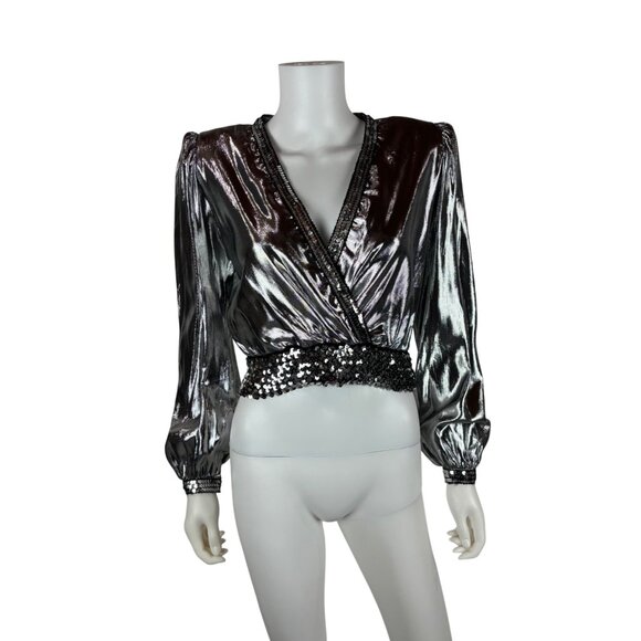 Vintage 70s Disco Shirt Womens Medium Silver Metallic Surplice Wrap Sequin Eveni - Picture 2 of 12